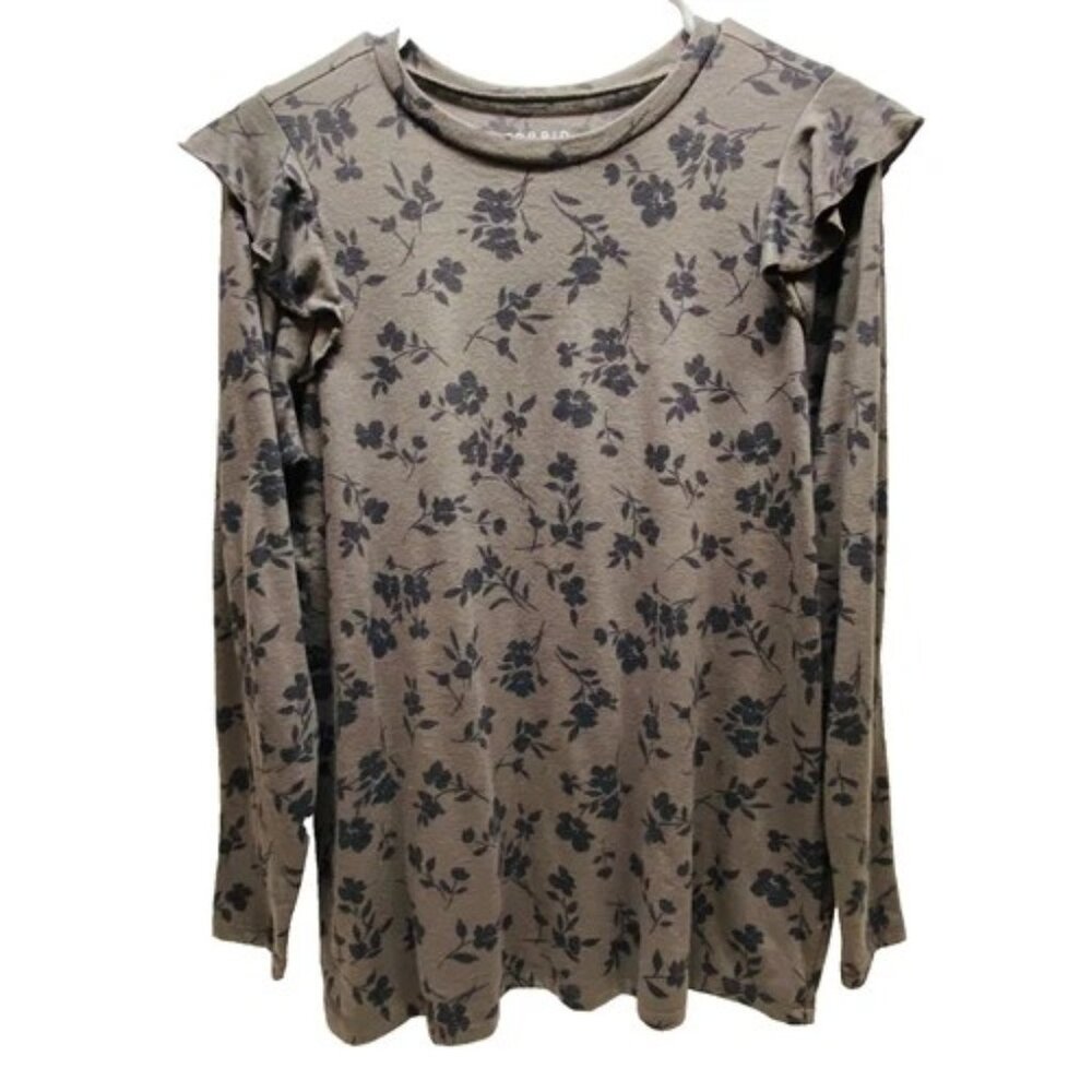 Torrid‎ Top Women's Size 00 Ruffle Long Sleeve Black Gray Floral Classic Fit EUC